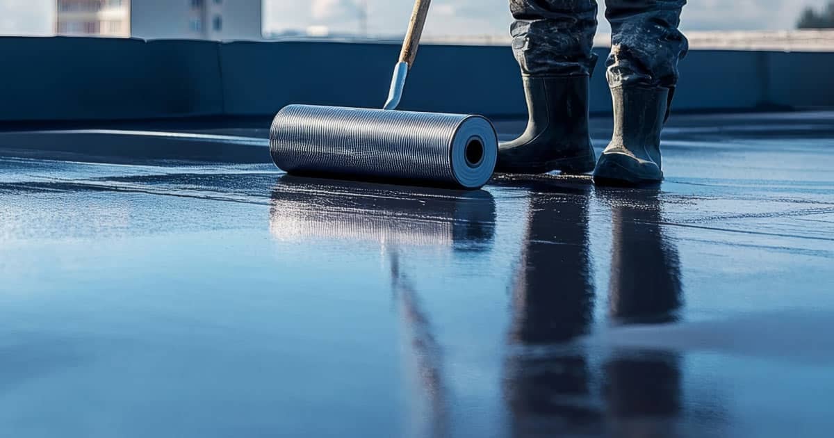 Man rolling black roof sealer on